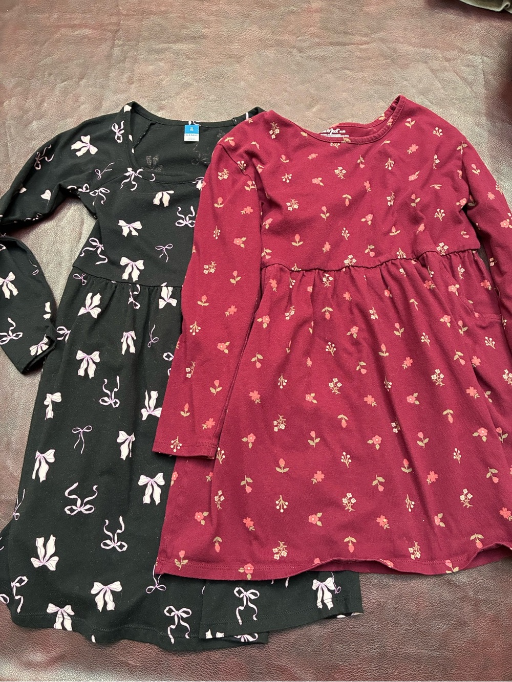 Old Navy Girls Black Bow Print Dress & Cat & Jack Burgundy Floral Dress